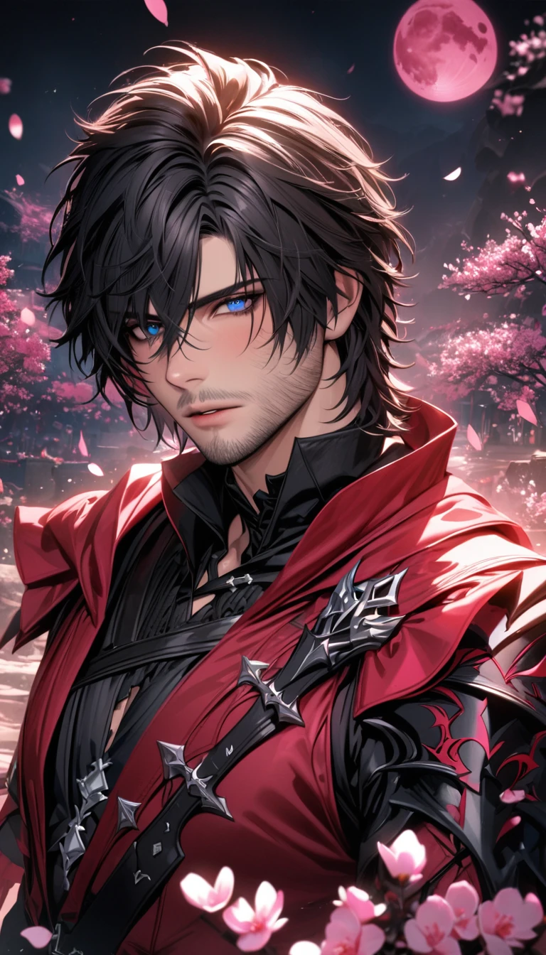 absurdres, highres, ultra detailed, HDR, master piece, best quality, Clive Rosfield, black hair, expressive blue eyes, Final Fantasy XVI, sexy man, solo, handsome, black and red clothes, pink petals, pink moon, pink flowers, pink butterflies, blossoms