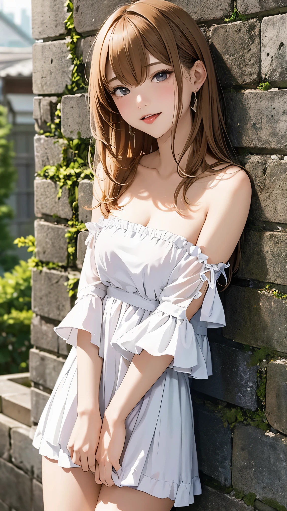 highest quality、4K quality、lean against the wall、Beautiful cleavage、Beautiful Style、tall、Small breasts、Bare buttocks、Small Ass、Shy face、20 year old princess、Bare shouldery skirt is blown up by the wind、ultra detail eye,Shooting from behind、Off-the-shoulder summer dress、Grab the hem of your skirt、nude legs、stick out your tongue and wink