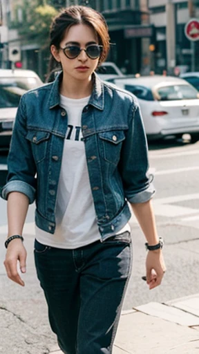 (A casual person wearing sunglasses is walking)
