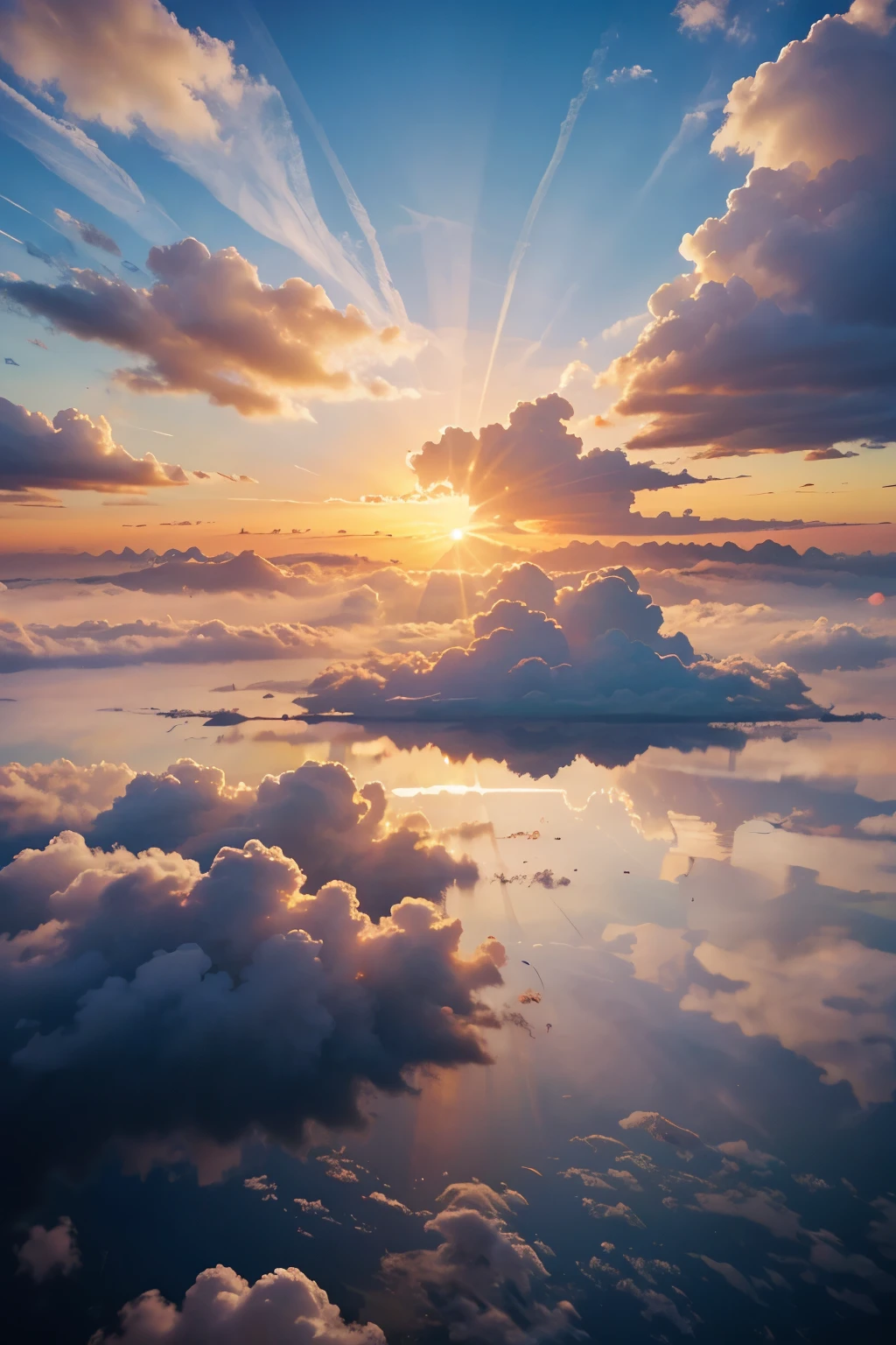 garden floating above the sky, angelic theme, beautiful sunrise sky beautiful cloud, anime style