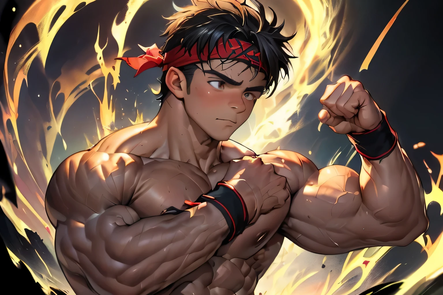 (Masterpiece, Best quality 19 year old boy, black background, bust shot, shoot from front, looking away), solo, Young, boy, muscler, Shirtless, topless, (Dark Short straight hair, under cut, brown eyes), (torn clothes, red headband, ((black wristband))), Vivid colors, (hot Abs:1.2, abs!, big abs, big breast:1.2, chest!, muscler upper arms), (topless male), muscler!, muscler, muscler body, (aura power:1.4), detailed face, detailed muscle, (((A magical mystical aura, rippling muscles, fighting pose)))