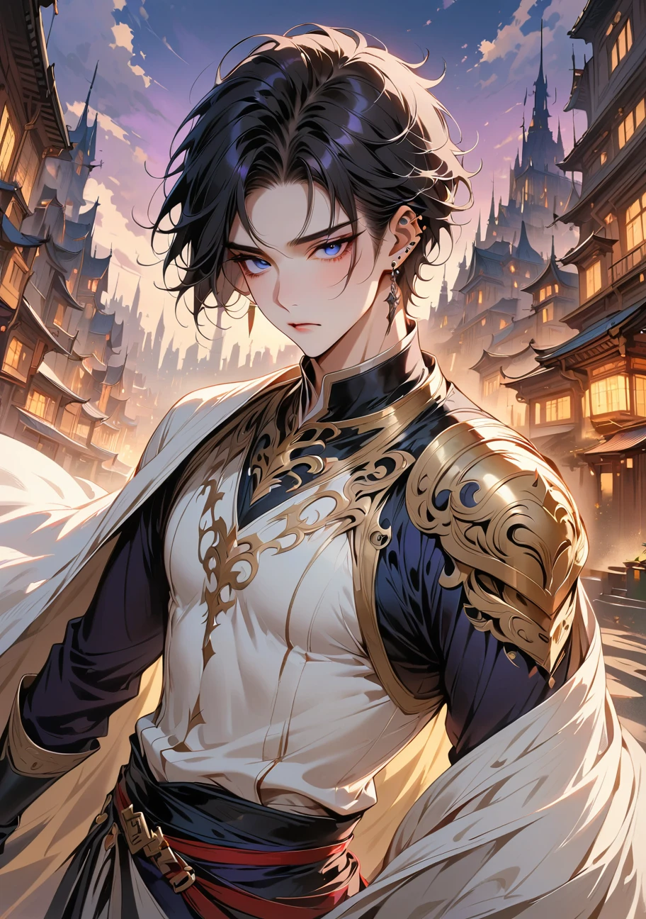 (masterpiece, best quality:1.2), 1 boy, alone, handsome boy, messy black hair, short hair, (narrow eyes:1.2) beautiful eyes, purple and blue eyes, shining eyes, thin body, knight clothing, black purple grey white colored clothing, detailed clothes, black fingerless gloves, city background, purple, white, gray, gold city background (boy is looking at camera:1.2), (smooth soft pale skin:1.2), (ear piercings:1.2), beautiful purple lighting, detailed background, extremely detailed