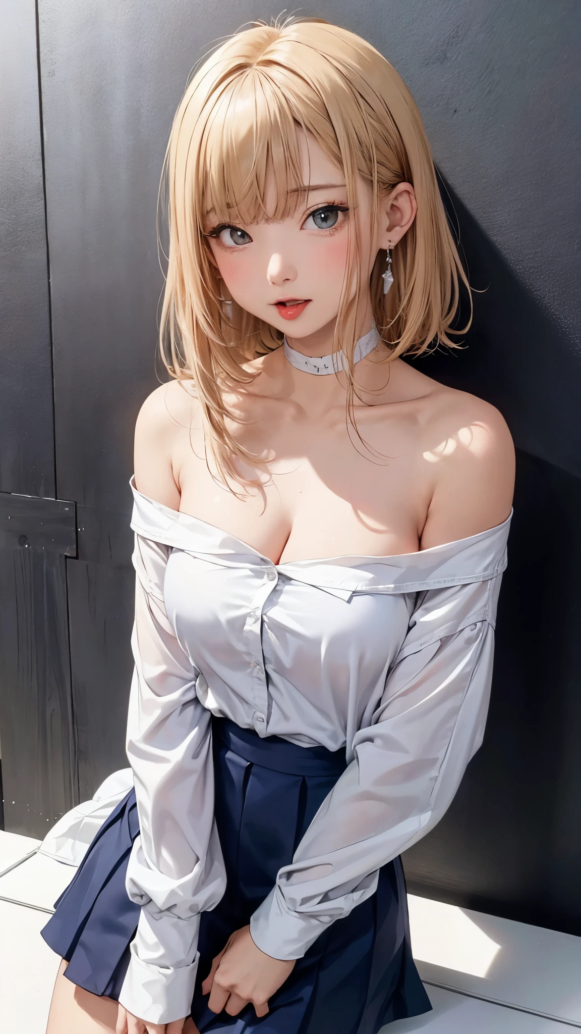highest quality、4K quality、lean against the wall、Beautiful cleavage、Beautiful Style、tall、Small breasts、Bare buttocks、Small Ass、Shy face、20 year old blonde princess、Bare shoulders、My skirt is blown up by the wind、ultra detail eye,Shooting from behind、Off-the-shoulder gorgeous dresses、Stick your tongue out and lick the wall、realistic tongue、Support your chest with your army whole body is wet、Small face、Soft skin quality