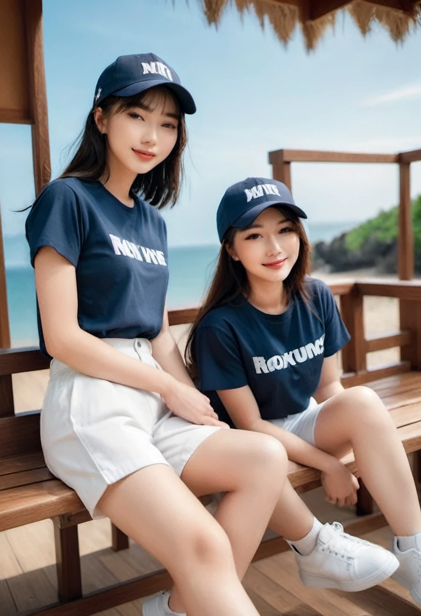 ASIAN couple, 22 year old man with short hair, white Levis pants, Snapback hat, wearing white Nike shoes. wearing Twins clothes. Beautiful 20 year old Asian woman. Long straight black hair, neat, wearing twins t-shirt, baseball cap, wearing dark blue Levis pants. they sat on a swing similar to an egg shell hanging on the terrace of the house complete with pillows, sleeping mats, and a beautiful view of the beach very romantic, full of smiles. beach scene background .HD resolution, hyperrealistic, real, photo, cinematic, fashion