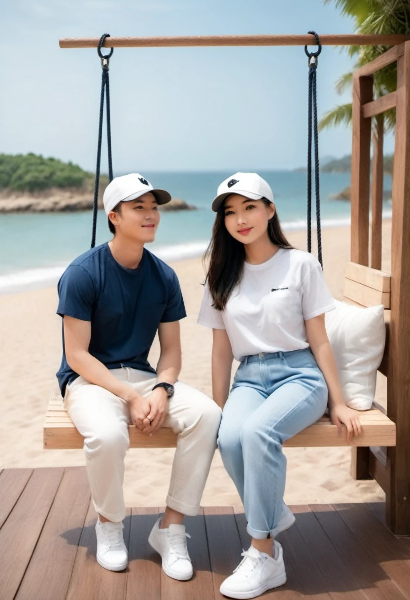 ASIAN couple, 22 year old man with short hair, white Levis pants, Snapback hat, wearing white Nike shoes. wearing Twins clothes. Beautiful 20 year old Asian woman. Long straight black hair, neat, wearing twins t-shirt, baseball cap, wearing dark blue Levis pants. they sat on a swing similar to an egg shell hanging on the terrace of the house complete with pillows, sleeping mats, and a beautiful view of the beach very romantic, full of smiles. beach scene background .HD resolution, hyperrealistic, real, photo, cinematic, fashion