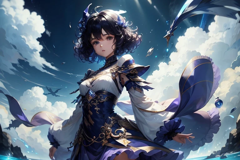 Fantasy,Bright atmosphere,blue sky,white cloud,Girl,teenager,Full body view,Floating in the sky,Hover,Put your right hand forward:1.8,Facing left,Purple clothes,short hair,Curly hair,Black Hair,Spiky Tiara,A giant blue dragon behind the girl,Freezing dragon Breath