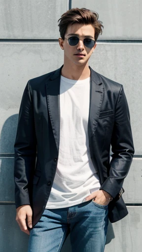 (A casual man wearing sunglasses is standing)