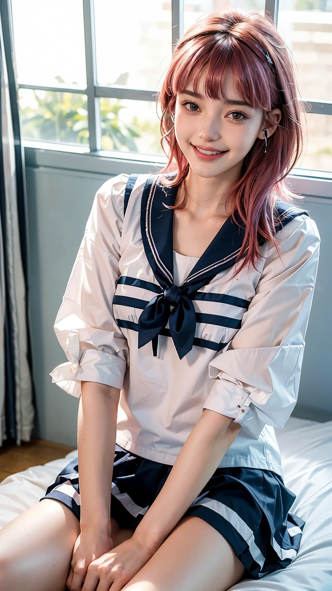 highest quality, masterpiece, Ultra-high resolution, (Realistic:1.4), (Close-up portrait) RAW Photos, 1 girl,20-year-old,((Wireless Earphones)),((Nose Piercing)),,((Vibrant passion pink hair)),((Navy blue with white stripes high school sailor uniform fashion)),Messy Hair,((Bangs short hair)),Realistic,picture media chest)),((Smiling with teeth showing)),((Big smile))