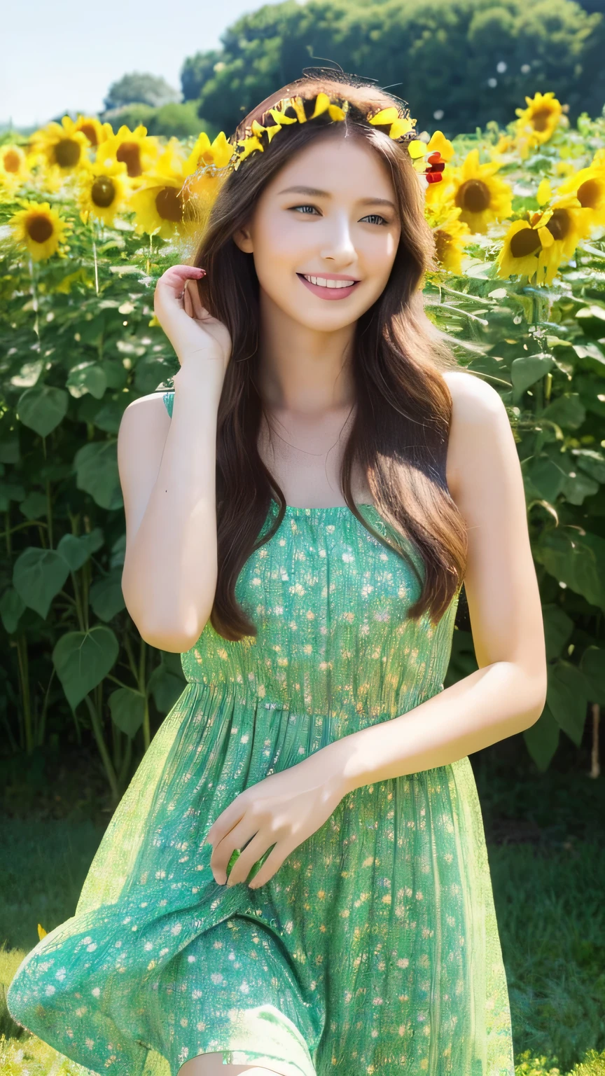 (highres,masterpiece:1.2),ultra-detailed,(realistic,photorealistic,photo-realistic:1.37),sunflower field,girl with long flowing hair,sparkling blue eyes,radiant smile,flowy yellow dress,floral headband,natural sunlight,knee-high green grass,dancing butterflies in the air,sunflowers in full bloom,gentle breeze,peaceful atmosphere,vibrant colors,soft shadows,stunning landscape,serene expression,one girl