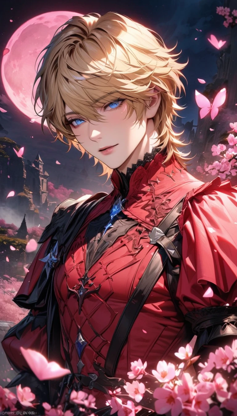 absurdres, highres, ultra detailed, HDR, master piece, best quality, Joshua Rosfield, blond hair, expressive blue eyes, Final Fantasy XVI, sexy man, solo, handsome, black and red clothes, pink petals, pink moon, pink flowers, pink butterflies, blossoms