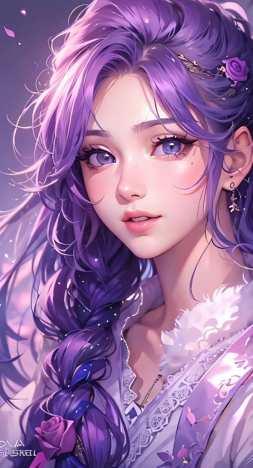 ((highest quality)), ((masterpiece)), (Get used to it), Perfect Face , masterpiece、highest quality、High resolution、High-quality images、8k, 1 female、Skin Radiance、Texture of skin and clothing、Expression of fine eyes、shining purple hair,Girl with long braided hair, Manga inspired by Lee Jong-suk, Trending on deviantart, realism, detailed manga style, Manga art style, Perfect Line Drawing, Beautiful line art, digital manga art girl, K-POPアイドル, beautiful purple eyes, Lips become thicker, Gorgeous face with attention to detail, (Cute Smile), charm, Innocent, Side view, (Perfectly detailed face), (Beautiful Hands) Photorealistic images, Written boundary depth, 20th Generation ,beautiful girl , Purple Rose , Lace dress , Medium Chest , protruding shoulders , I can see her cleavage , Purple Rose , There are many purple roses in the background ,