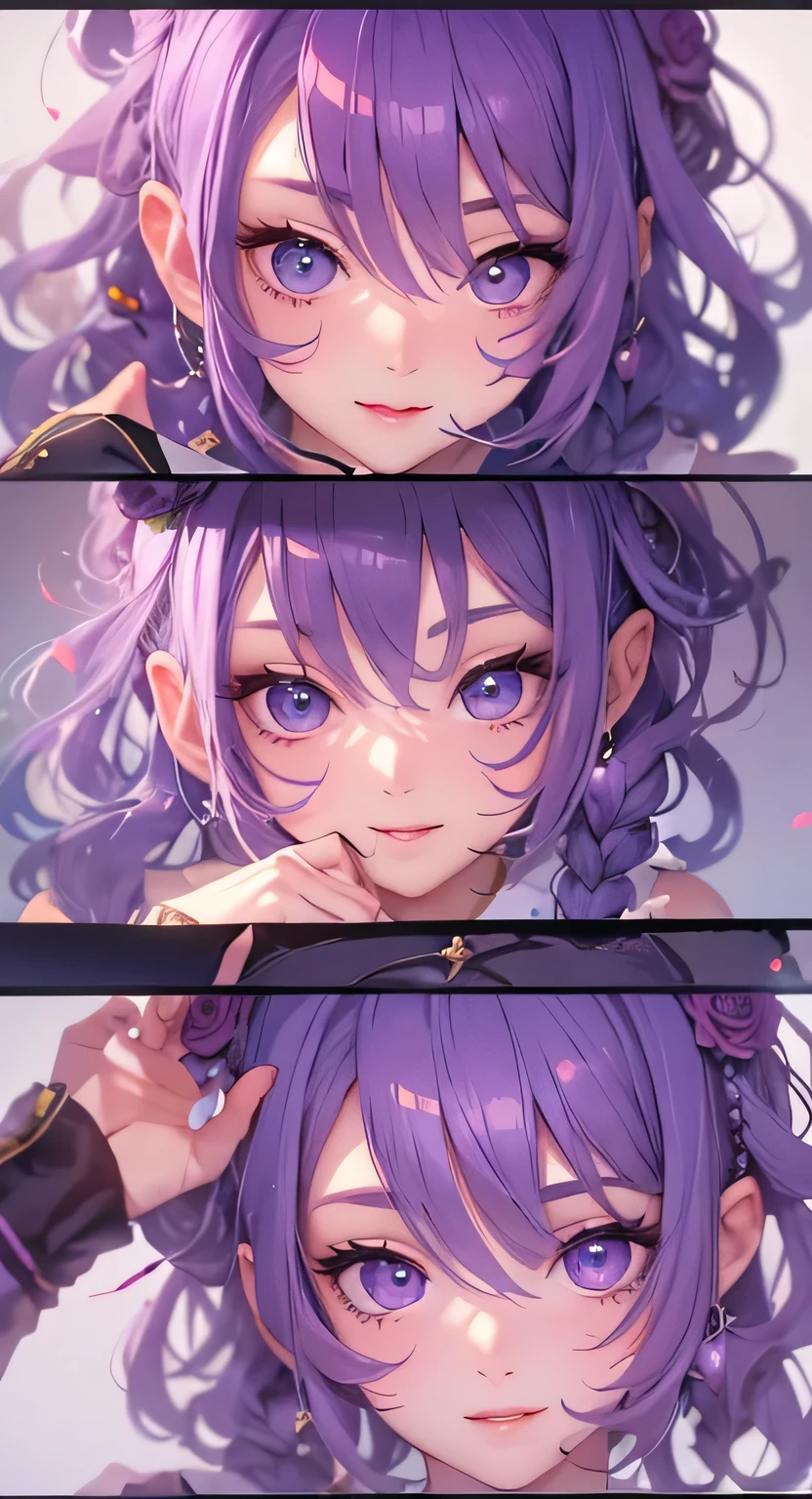 ((highest quality)), ((masterpiece)), (Get used to it), Perfect Face , masterpiece、highest quality、High resolution、High-quality images、8k, 1 female、Skin Radiance、Texture of skin and clothing、Expression of fine eyes、shining purple hair,Girl with long braided hair, Manga inspired by Lee Jong-suk, Trending on deviantart, realism, detailed manga style, Manga art style, Perfect Line Drawing, Beautiful line art, digital manga art girl, K-POPアイドル, beautiful purple eyes, Lips become thicker, Gorgeous face with attention to detail, (Cute Smile), charm, Innocent, Side view, (Perfectly detailed face), (Beautiful Hands) Photorealistic images, Written boundary depth, 20th Generation ,beautiful girl , Purple Rose , Lace dress , Medium Chest , protruding shoulders , I can see her cleavage , Purple Rose , There are many purple roses in the background ,