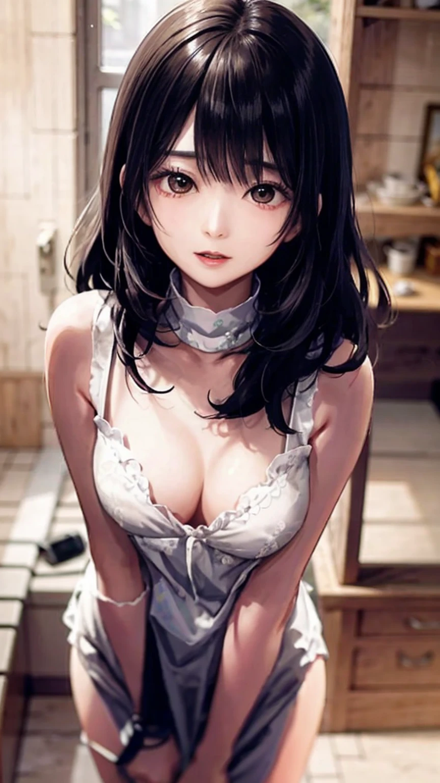 An old building with a calm atmosphere、A beautiful girl with a super cute face、High-definition images with the highest level of emphasis on big breasts、(Small face)、Her big breasts are completely visible all the way down to her chest as she leans forward.、Cute yellow sleeveless dress、No makeup、Sexy lips that reveal sexual desire、