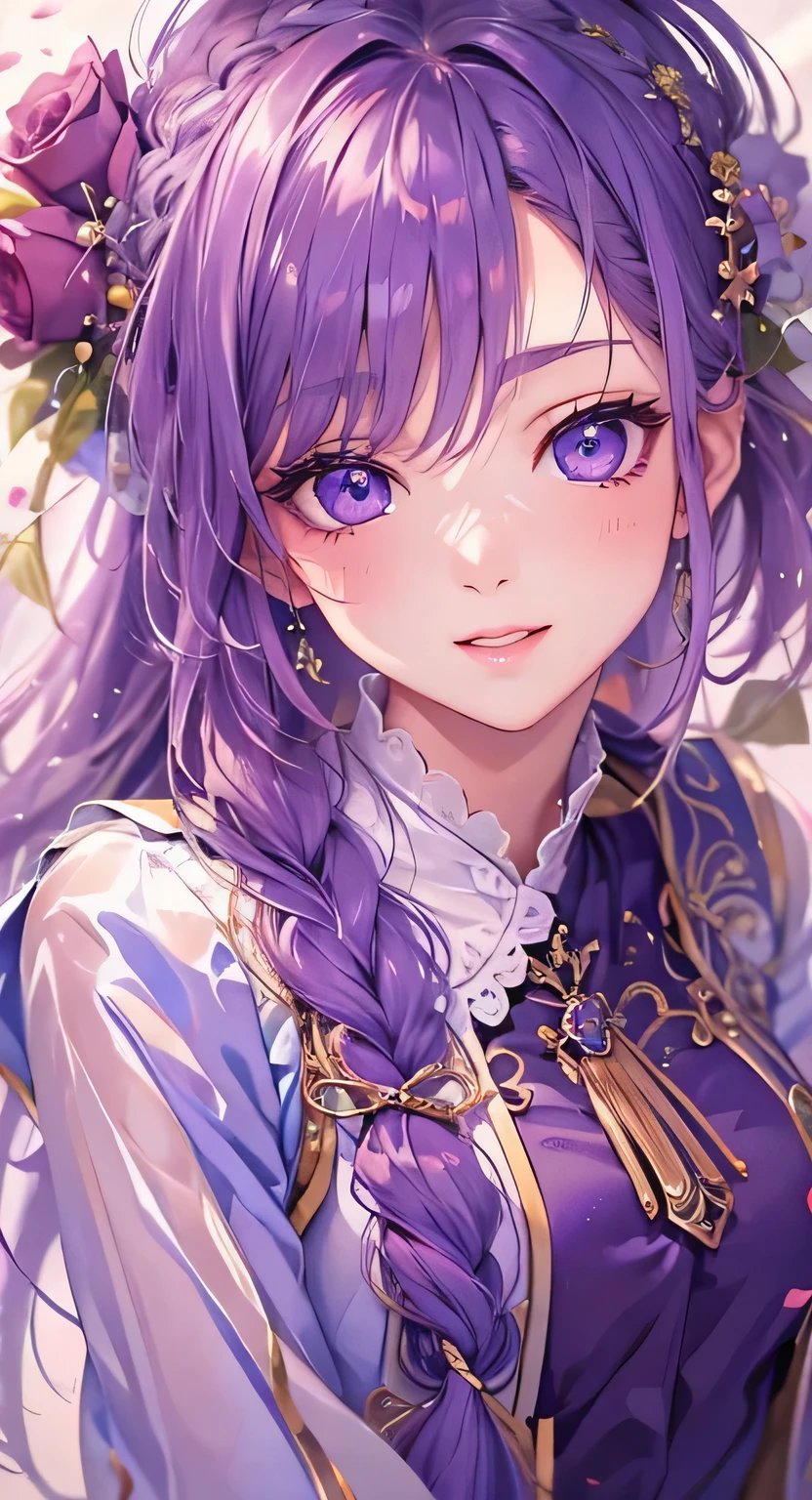 ((highest quality)), ((masterpiece)), (Get used to it), Perfect Face , masterpiece、highest quality、High resolution、High-quality images、8k, 1 female、Skin Radiance、Texture of skin and clothing、Expression of fine eyes、shining purple hair,Girl with long braided hair, Manga inspired by Lee Jong-suk, Trending on deviantart, realism, detailed manga style, Manga art style, Perfect Line Drawing, Beautiful line art, digital manga art girl, K-POPアイドル, beautiful purple eyes, Lips become thicker, Gorgeous face with attention to detail, (Cute Smile), charm, Innocent, Side view, (Perfectly detailed face), (Beautiful Hands) Photorealistic images, Written boundary depth, 20th Generation ,beautiful girl , Purple Rose , Lace dress , Medium Chest , protruding shoulders , I can see her cleavage , Purple Rose , There are many purple roses in the background ,
