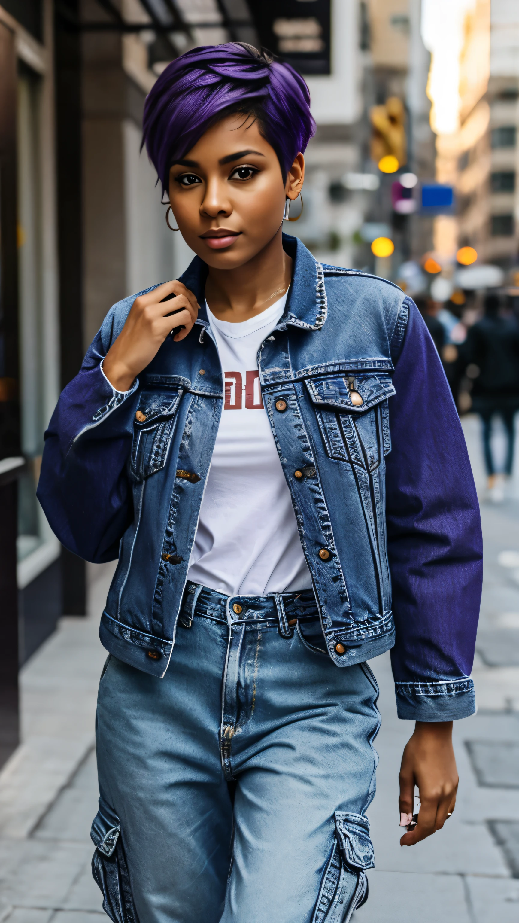 light brown complexion woman, east coast rapper, wearing baggy cargo jeans, jean jacket, purple pixie haircut, holding large stacks of money
