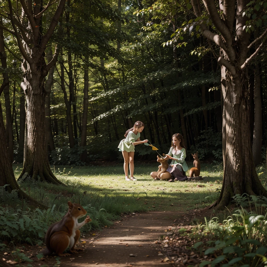 Illustration for a fairy tale , children feed squirrels in the forest