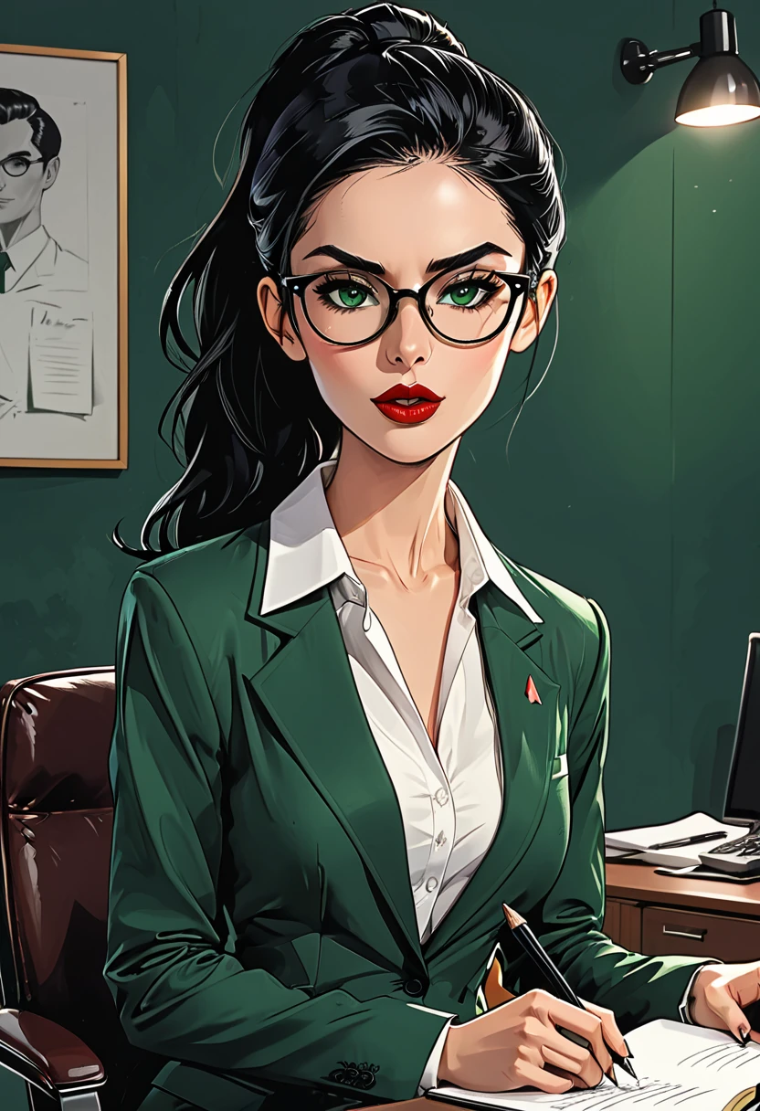 open mouth, serious girl sits in an office chair in black glasses and ((classic green office suit)) and white shirt at dark green office background, girl, adult, [European], Ectomorph elongated body, slim body, skinny, perfect white skin, Long Diamond type Face, Long slim neck, broad shoulders, long slim thin arms, long fingers on the hands, round forehead, Attached Pointed ears,  Long Sleek Straight Ponytail Slicked back black Hair, Hawk long Nose, Upturned Eyes type, Bold Tapered Eyebrows, Angular Narrow Symmetrical Cheekbones, Hollow Cheeks, Square Chin, Square Jawline, Heart Shaped nude Lips, Fine Puppet Wrinkles, (dark green eyes), Cut Crease make up style, Full on Top or Bottom breasts, second breast size, narrow hips, Slim thighs, long slim fitness legs, 
the girl holds metal plate with a green pearl in her hand,  pearl in her hand,
 
graphic style of novel comics,  2d, 8k, hyperrealism, masterpiece, high resolution, best quality, ultra-detailed, super realistic, Hyperrealistic art, high-quality, ultra high res, highest detailed, lot of details, Extremely high-resolution details, incredibly lifelike, colourful, soft cinematic light,