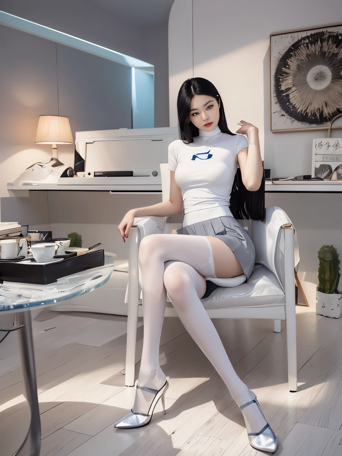 A lady is sitting cross-legged on a chair, Beautiful Chinese model, Sleek white skintight suit, Photos of slim girls model, full body xianxia, Wear tight, simple clothing, Photos of slim girls, Transparent gray skirt, Beautiful lady, Knee-high socks and skirt, Female Model, Very beautiful slender long legs, Popular content on cgstation