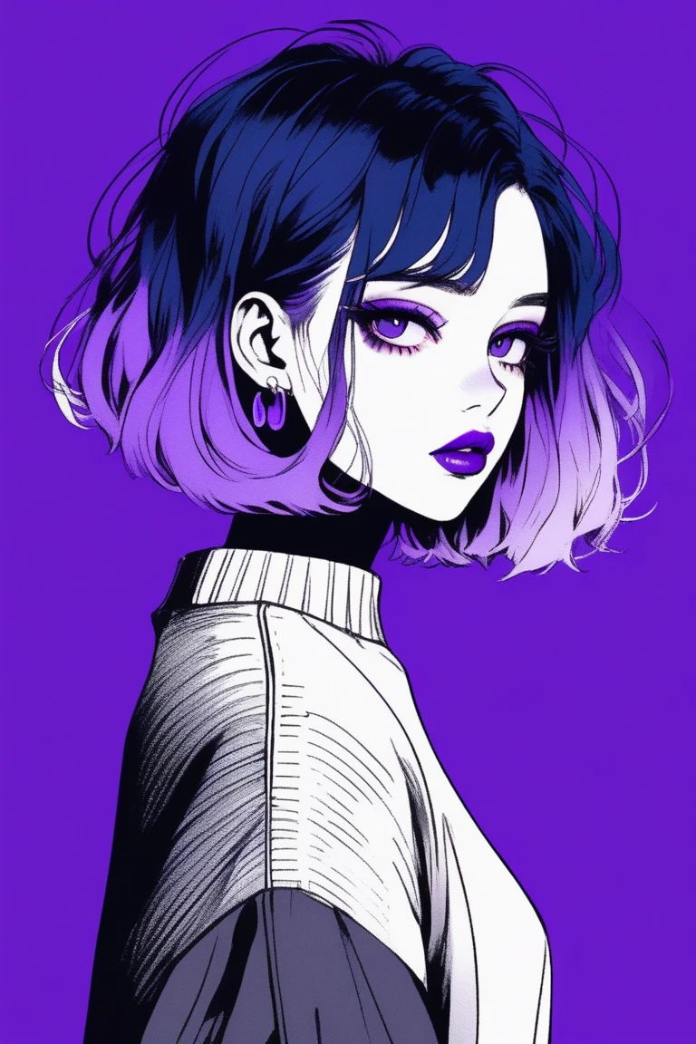 (best quality, sketch:1.2),realistic,illustrator,anime,1 girl, detailed lips,sweater,custom,blue gradient background,neon hair,textured cropping,Canadian, masterpiece, style retro classic, noir dark, full body art, sketch book, (bob hair purple:1.35, black:1.55)