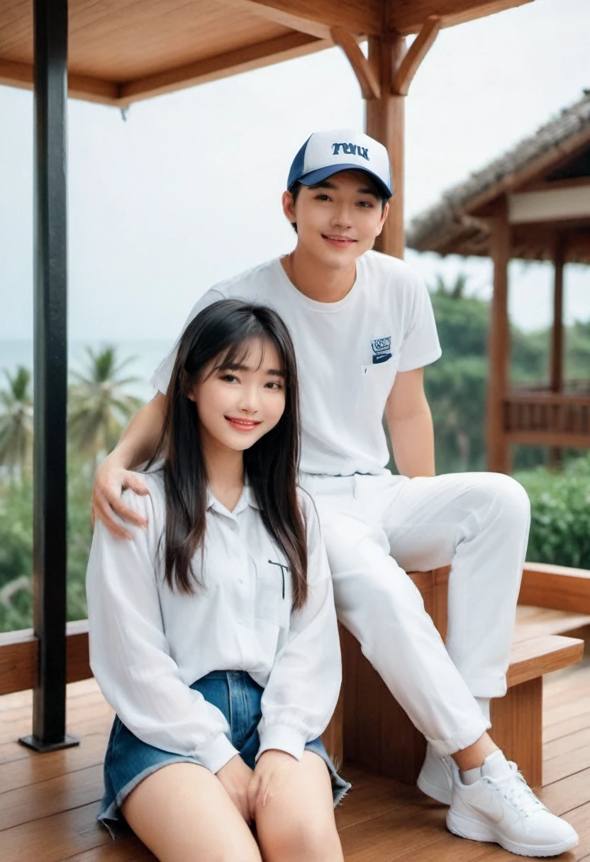 ASIAN couple, 22 year old man with short hair, white Levis pants, Snapback hat, wearing white Nike shoes. wearing Twins clothes. Beautiful 20 year old Asian woman. Long straight black hair, neat, wearing twins t-shirt, baseball cap, wearing dark blue Levis pants. they sat on a swing similar to an egg shell hanging on the terrace of the house complete with pillows, sleeping mats, and a beautiful view of the beach very romantic, full of smiles. beach scene background .HD resolution, hyperrealistic, real, photo, cinematic, fashion