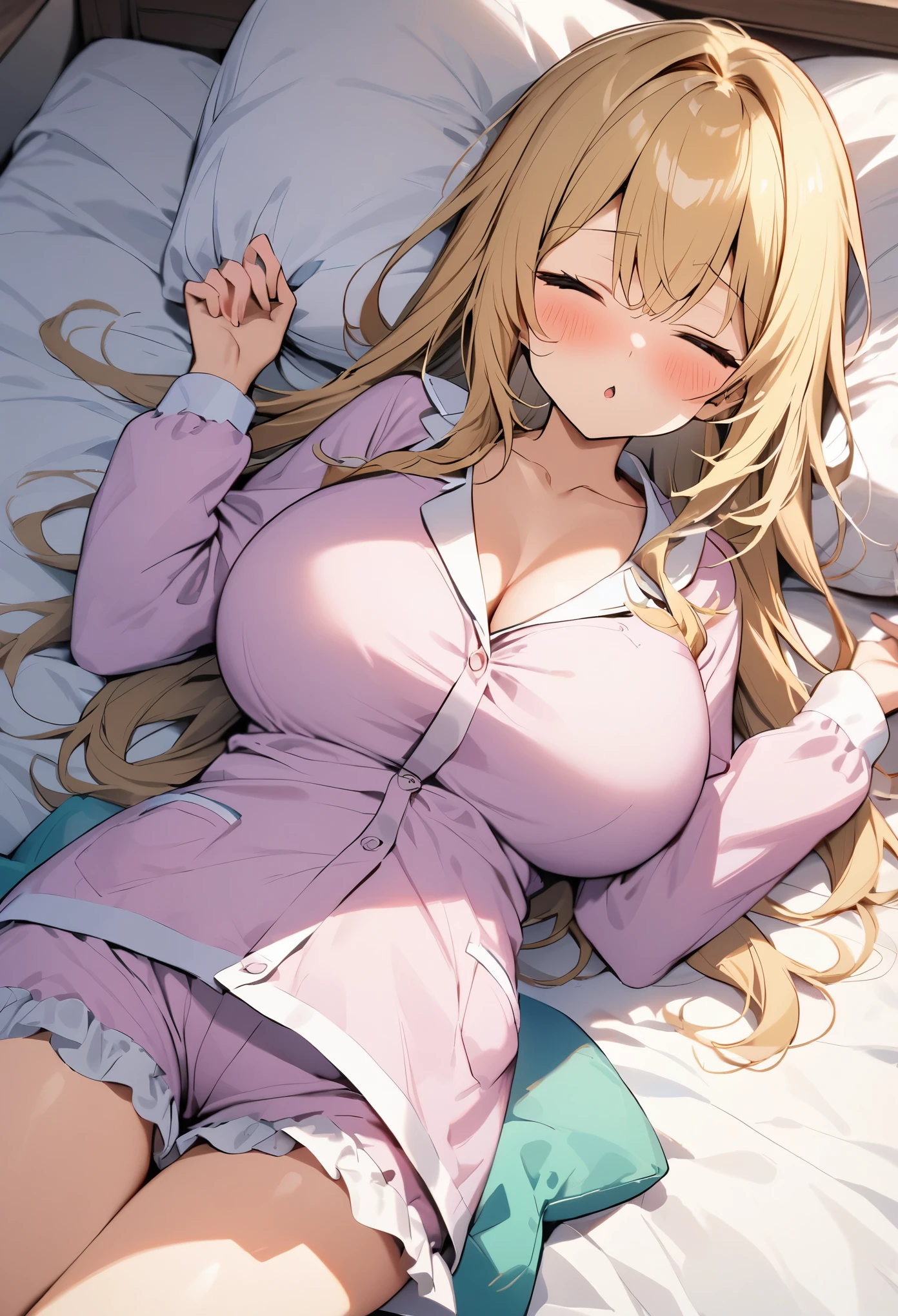 (masterpiece, best quality:1.2), 1 Blonde little girl alone，, Huge breasts圆形, Huge breasts,,, Huge breasts天然,cute pajamas,Sleeping in bed