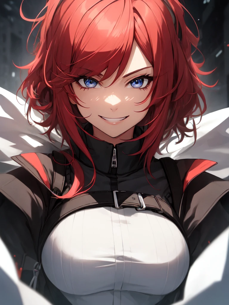 (best quality),(ultra detailed),(extremely detailed),(absolutely resolution) ,absurdres,8k, 1girl, wizard, holding cane, grin, ultra detailed eyes, long hair, messy hair, (red hair:1.2),