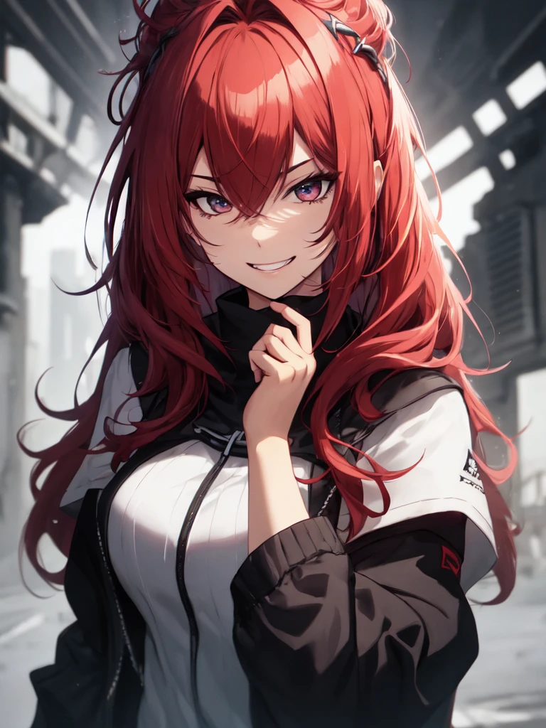 (best quality),(ultra detailed),(extremely detailed),(absolutely resolution) ,absurdres,8k, 1girl, mage, holding stuff, grin, ultra detailed eyes, long hair, messy hair, (red hair:1.2), 