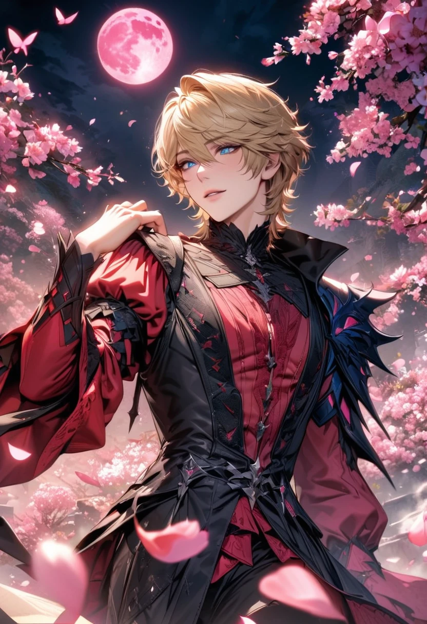 absurdres, highres, ultra detailed, HDR, master piece, best quality, Joshua Rosfield, blond hair, expressive blue eyes, Final Fantasy XVI, sexy man, solo, handsome, black and red clothes, pink petals, pink moon, pink flowers, pink butterflies, blossoms