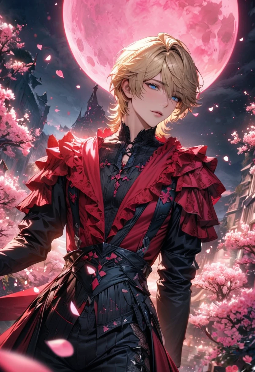 absurdres, highres, ultra detailed, HDR, master piece, best quality, Joshua Rosfield, blond hair, expressive blue eyes, Final Fantasy XVI, sexy man, solo, handsome, black and red clothes, pink petals, pink moon, pink flowers, pink butterflies, blossoms