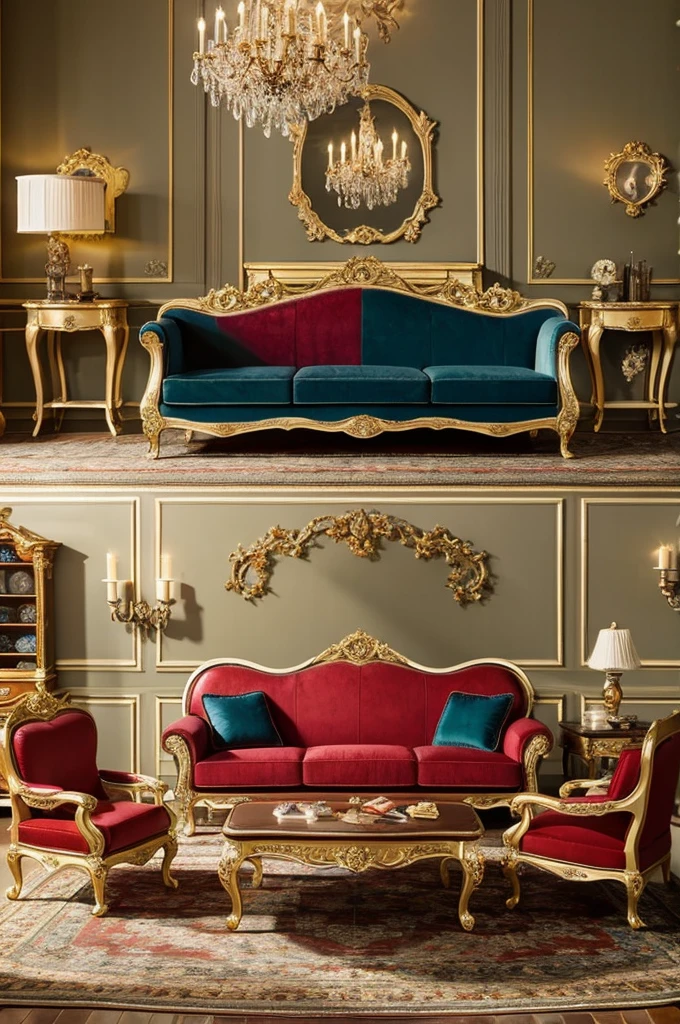 18th century, baroque style furniture art, leather upholstery and colorful, living room seating group and a fire-filled fireplace on the side, what is there?