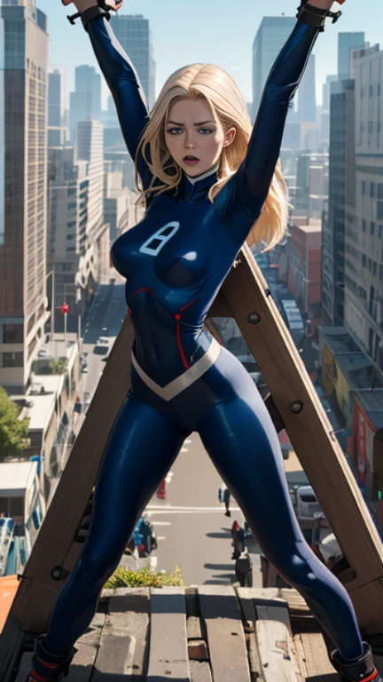(Highly quality, masterpiece, detailed), city detailed scenario, city detailed background, (x shaped pasting stand), (hands up, spread hands, in stocks pose:1.5), 1girl, Susan Storm, blue eyes, blonde hair, full body blue bodysuit, sleeves, perfect face, big breasts, (shut closed eyes, tears:0.95), sighing