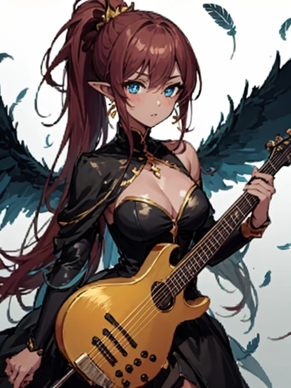 Masterpiece, best quality, expressive eyes, perfect face, an anime girl holding a red banjo and dressed in costume, 1 girl, breasts, instrument, solo, pointy ears, wings, jewelry, earrings, blue eyes, dress, dark skin, ponytail, dark-skinned female, holding instrument, mexican background, black dress, parted lips, brown hair, holding, dark-skinned female, dark skin, long hair, monster girl, ponytail, looking at viewer, brown hair, blush, feathers, guitar, holding_object, harpy, orange feathers, wings, mexican, banjo, desert background