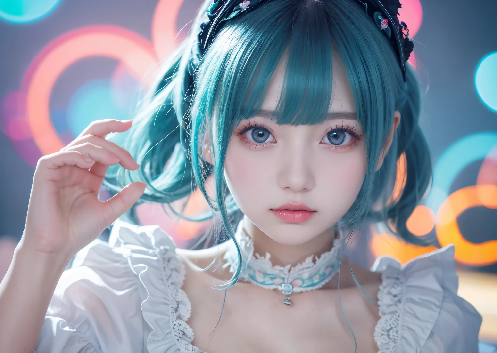 Psychedelic world、Lolita Fashion、1 cute girl、18-year-old girl、Big eyes、Small breasts、Light blue hair、colorful gel background、Fractal Background、Perfect lighting、Sharp focus、High resolution、High resolution、High color reproducibility、High resolution、Ultra-realistic、Photorealistic 