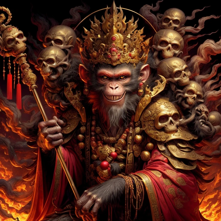 Draw a picture of the Monkey King，The Monkey King， dark， evil look, A golden stick hangs on his shoulders.。Grin, Wearing gorgeous armor, red scarf swaying in the wind，Monkey King avatar, Shoulder armor youkai skeleton decoration, flame, Sit on Yokai Head Mountain,  Full body image