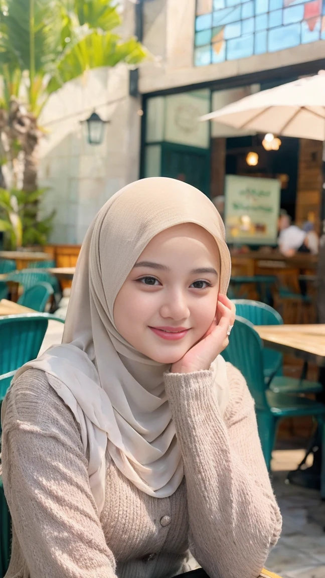 Selfie taken, See full body, luxury details, 8k, natural, realistic, amazing shots, ULTRA HD,
1 girl, 18 years old, smooth white face, white skin, smailing, neat white teeth, big breasts, wearing a long white hijab covering the body, with decorations on the hijab, Muslim clothes for worship, beautiful face, beautiful black face, cute, curly eyelashes, beautiful eyes , sweet smile, sitting on the cafe chairs, Indonesian Muslim, realistic, atmosphere in the out door, in the cafe,