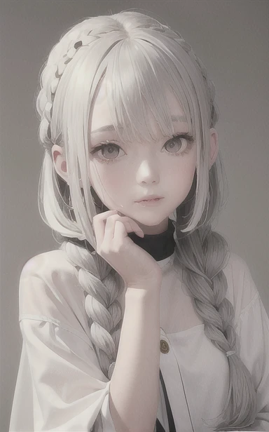 highest quality, masterpiece,Gray Hair, Golden Eyes,White clothes, look up, Upper Body,hair,Fair skin,Side braid