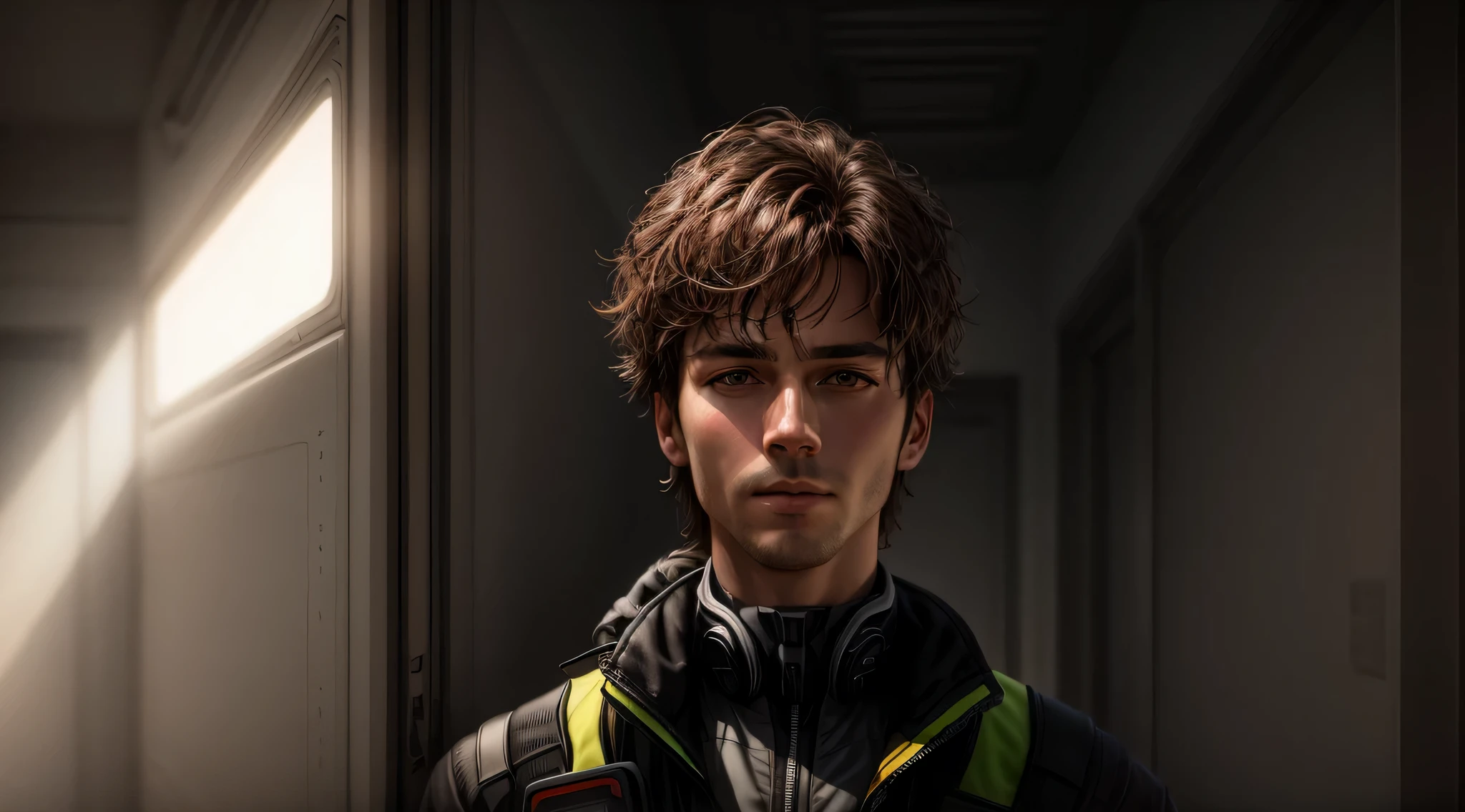 a portrait of a man in a tech suit with his eyes open, 8k portrait rendering, ultra detailed, masterpiece, work of art, realistic.