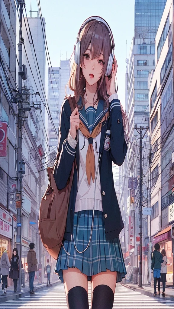 Anime Girls with headphones on walking across a busy city street, Beautiful anime school girl, Lofty Girl, Anime atmosphere, Anime Style 4 k, young Anime Girls, Anime Aesthetics, an Anime Girls, Anime Style illustration, retro Anime Girls, Anime Style. 8k, City Girl Fan Art, Tokyo Anime Scene, Anime Girls, Digital anime illustration, modern Anime Style