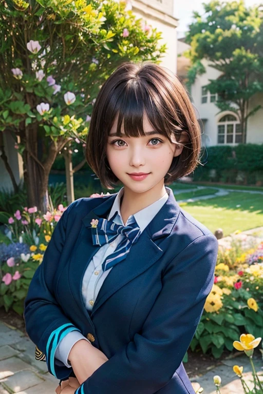 (young girl with beautiful boobs:1.2), (high school uniform:1.5),(dark blue blazer:1.3),(messy bangs:1.3),(happy expression:1.3),(very short hair:1.2), (Garden with many flowers:1.3), (light brown hair :1.2),(cyan eyes:1.3)