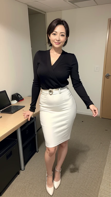 High resolution, high resolution, Attention to detail, masterpiece, Rough skin, Anatomically correct, sharp,
In the company office、((Full body shot 0.85))、Facing forward、
((japanese milf, 50 years old)), alone, ((Facial wrinkles)), Shapely large breasts, Medium Hair, Chubby body type,
,White blouse, Grey tight skirt、landscape,A gentle smile、A gaze that seduces viewers、