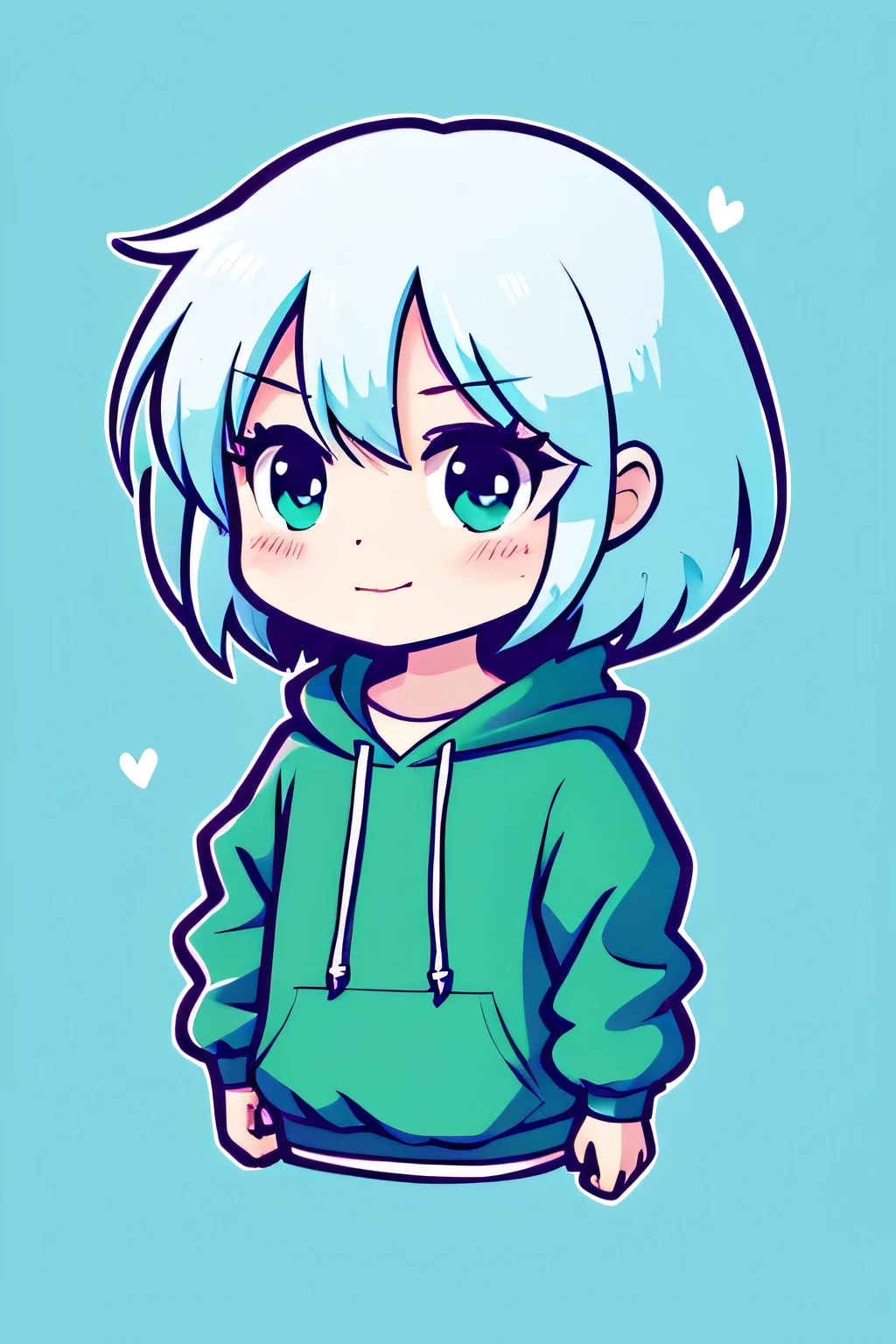 Mini character Chibi girl Anime Style Green Hair Long Hair Wearing a light blue hoodie Background white Anime Style Simple illustration high resolution cute