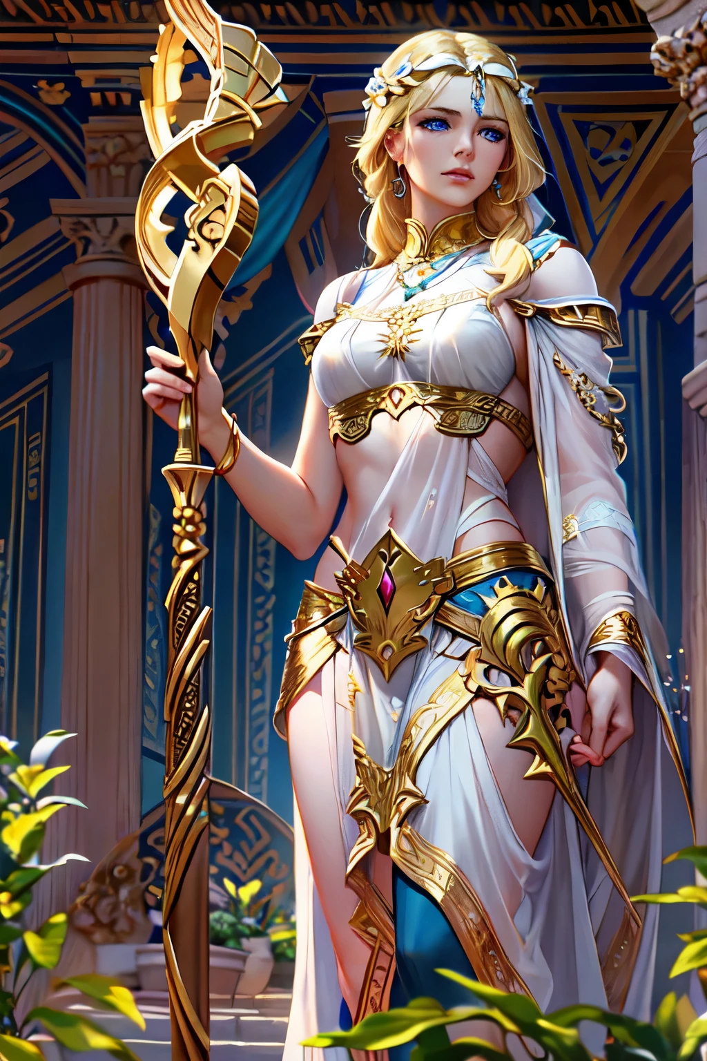 Young virgin greek goddess of wild nature and hunting, with (((Blonde hair))) and (((Blue eyes))), has amazingly and stunningly beautiful appearance, is fair-skinned, slender and tall, Shows off her perfect pair of long legs, wears {sleeveless, (Very short: 1.7), (white:1.5), Greek chitons, With golden border}, Abs, "Looks strict and determined", Holding a ((Golden bow)), archery, Patroling to protect her sanctuary from evil, Mythical Arcadian mountains and forests, Greek mythology, vibrant and lively atmosphere, Photorealistic, Mythic fantasy, Hyper-Realism, ultra-quality, Super Detail, ultra accurate description of hands, masterpiece, 8K, HDR