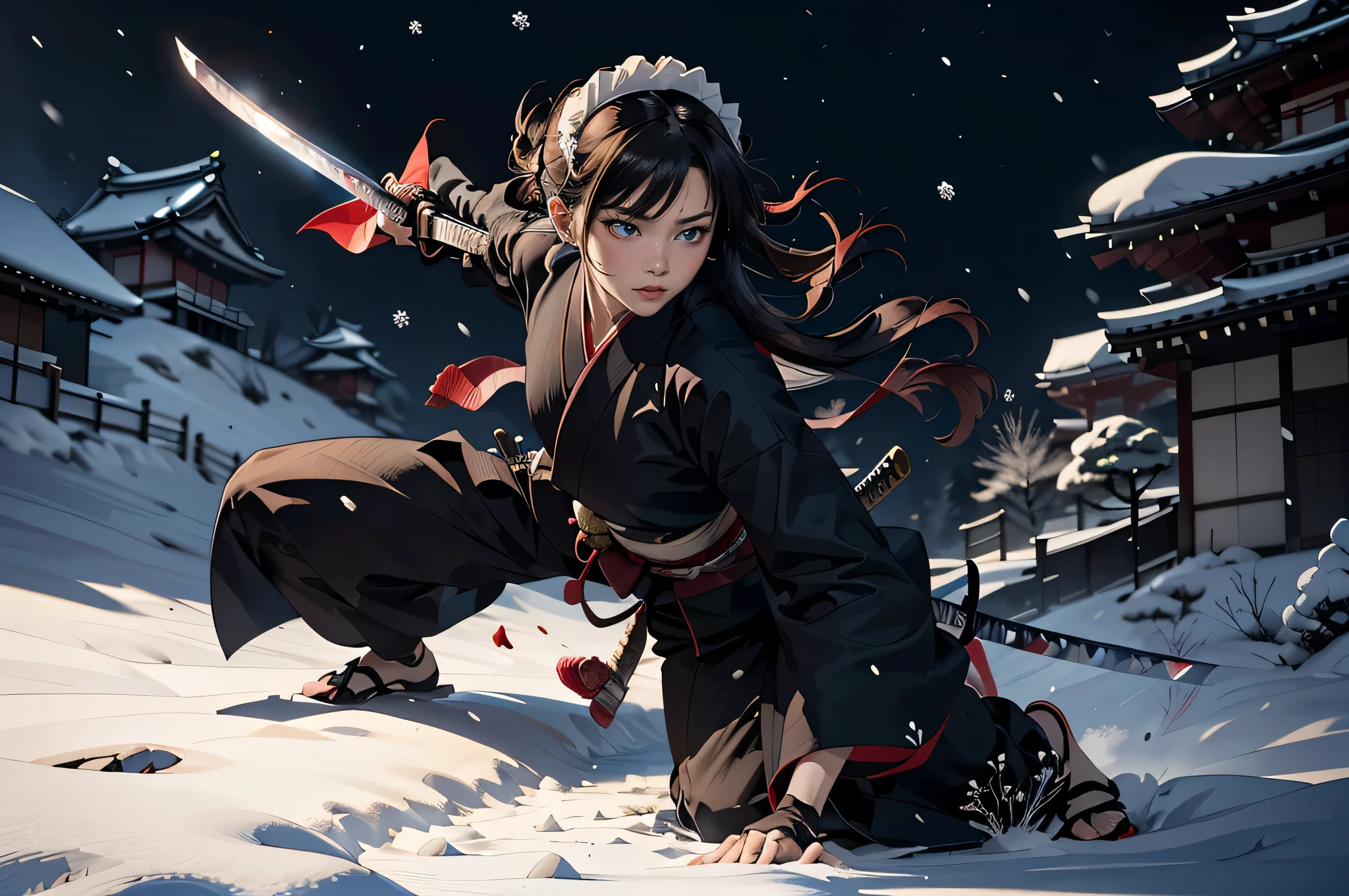 Anime style illustration of a woman holding a sword in a winter landscape, Works inspired by Kano Hogai, she is holding a Tanto  sword, Katana zero video game character, She has a Japan sword, unsheathing her Katana, Maid, Katana, Amazing anime 8k, inspired by Kanō Sanraku, 