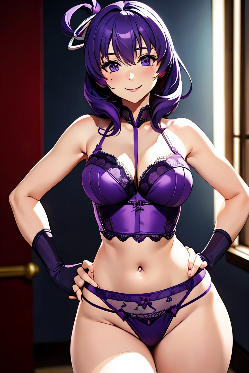 (masterpiece), (high quality), Rixia Mao, purple eyes, purple hair, big breasts, mischievous smile, looking at viewer, hand in hip, purple lingerie, stripping, sexy pose, keeping eye contact, precise hands, detailed room in the background