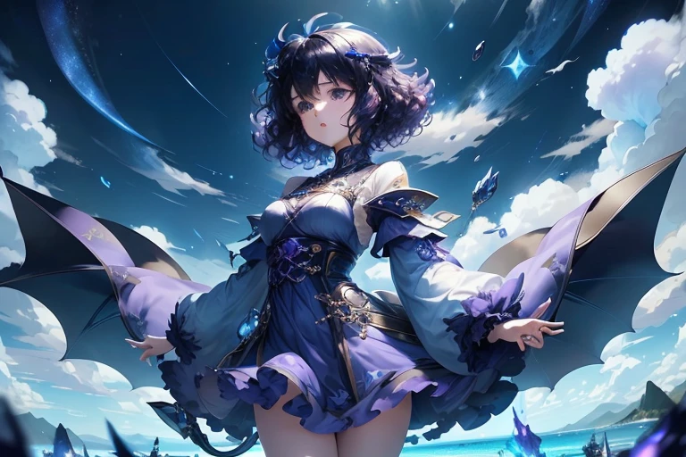 Fantasy,Bright,blue sky,white cloud,Girl,ager,Full body view,Floating in the sky,Hover,Put your right hand forward:1.8,Facing left,Purple clothes,short hair,Curly hair,Black Hair,Spiky Tiara,A giant blue dragon behind the girl,Freezing dragon Breath