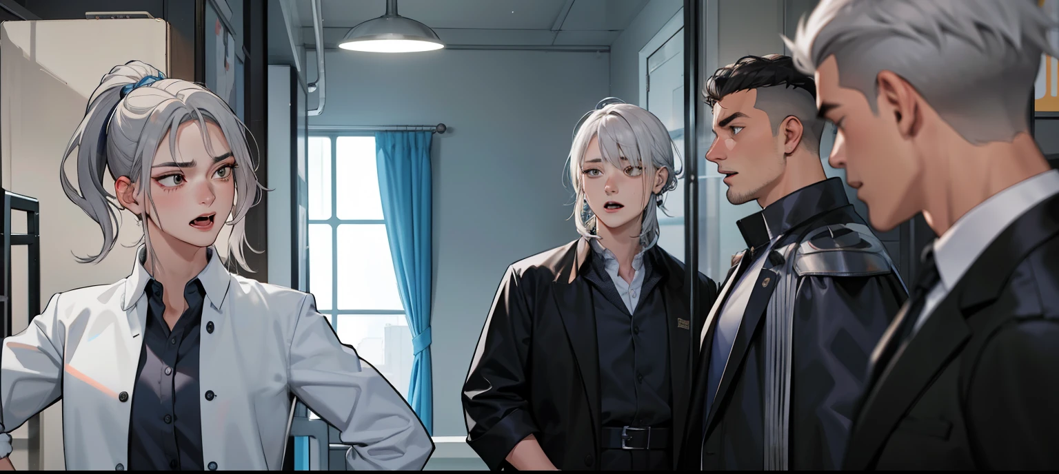 She is shouting, rebuking, there is a 32-year-old woman with gray hair, in front of her there are three warriors with gray hair and white clothes.
