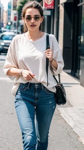 (A casual person wearing sunglasses is walking)