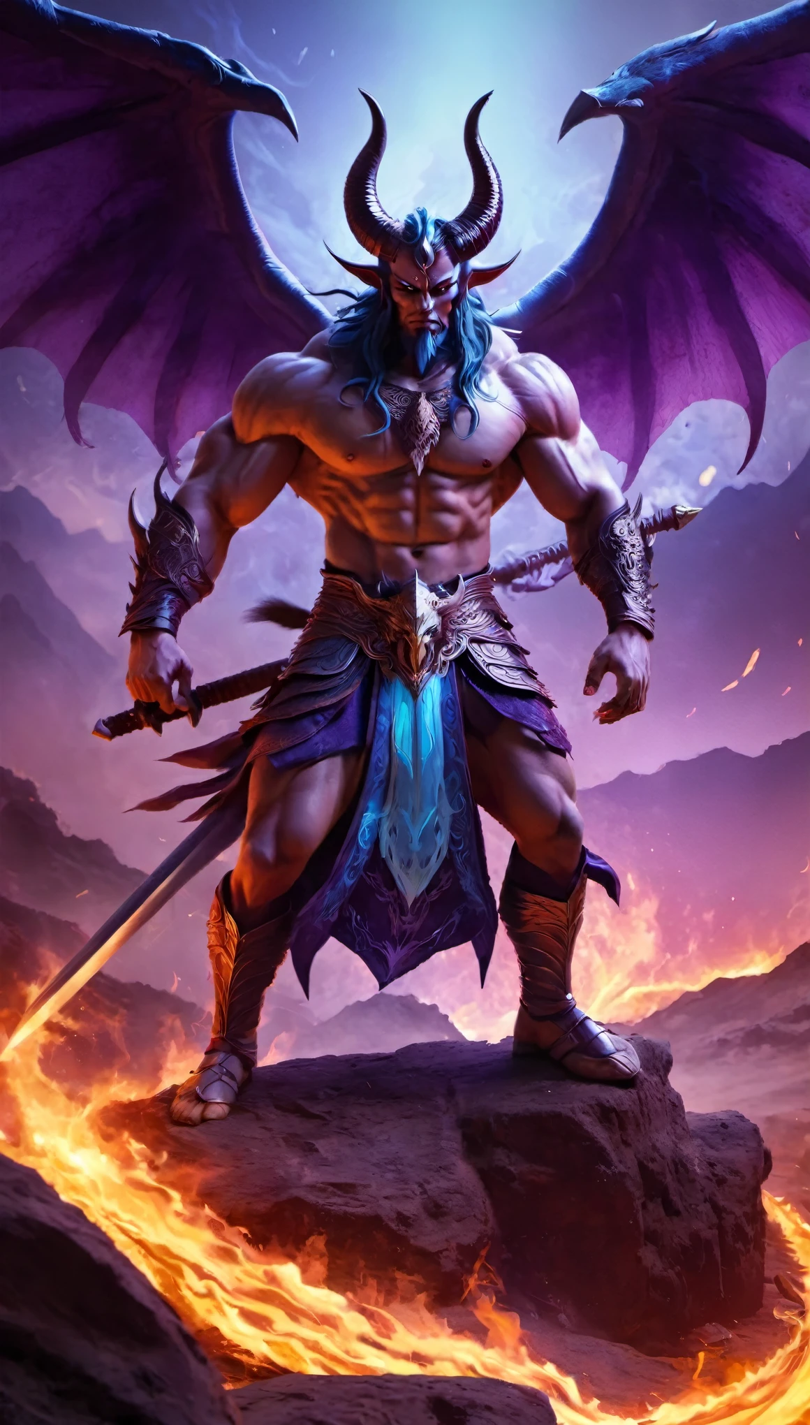 Best quality at its best，super-excellent，realistically：1.37，Chinese mythology，Asuras，Demon King，terrible death，light blue skin，dark sharp eyes，sword in hand，horns of goals，Toned muscular body，elegant armor，(Devil's wings)，Complex patterns，glowing aura，Surrounded by purple flames，Desert battlefield background，Defeat demons and evil spirits，(safe)，Divine Wrath，majestic and powerful，Mythological creatures