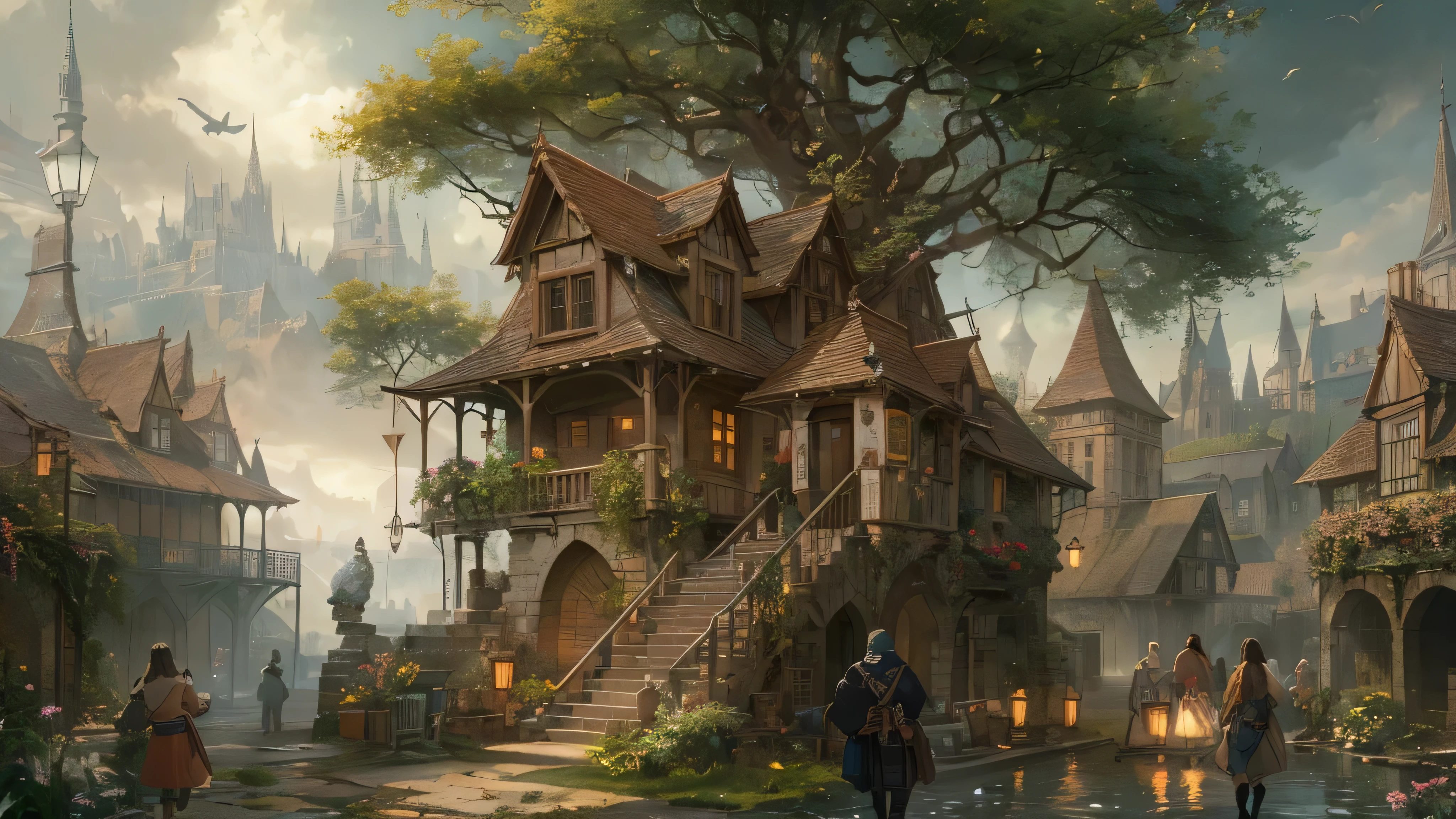 (by Greg Rutkowski: 1.2), (masterpiece), ((best quality)), extremely delicate and beautiful, illustration, (fantasy landscape), A mesmerizing fantasy with enchanting elements blending seamlessly. ((busy crossroad in medieval city)), A sense of tranquility and wonder fills the air, inviting exploration and discovery. From Brian Froud and Carne Griffiths and Wadim Kashin and John William Waterhouse, 8K post-production, high resolution, hyperdetailed, depth of field, HDR, intricate