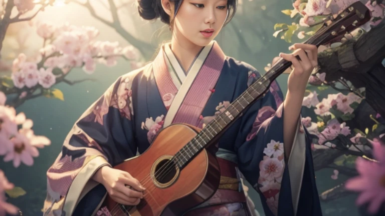 Drawn with colored pencils,traditional japanese art,Delicate lines and shadows,Beautifully detailed characters,Characters wearing kimonos,Background trees and flowers,Vibrant colors,Soft lighting,Portraiture